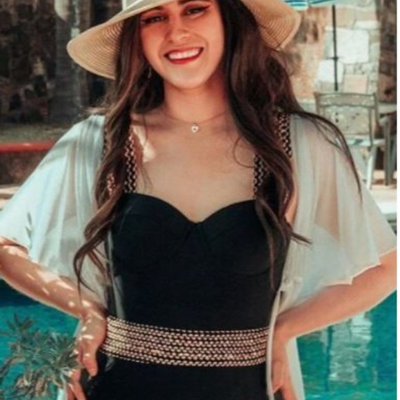 Sz L LUXURY One-Piece Black Bathing Suit Pushup Gold Detail Elegant - Picture 9 of 16